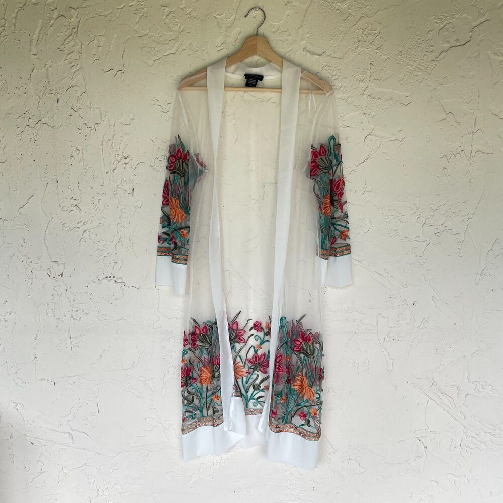 LIV Los Angeles White Sheer Mesh Floral Embroidered Kimono Duster Cardigan M